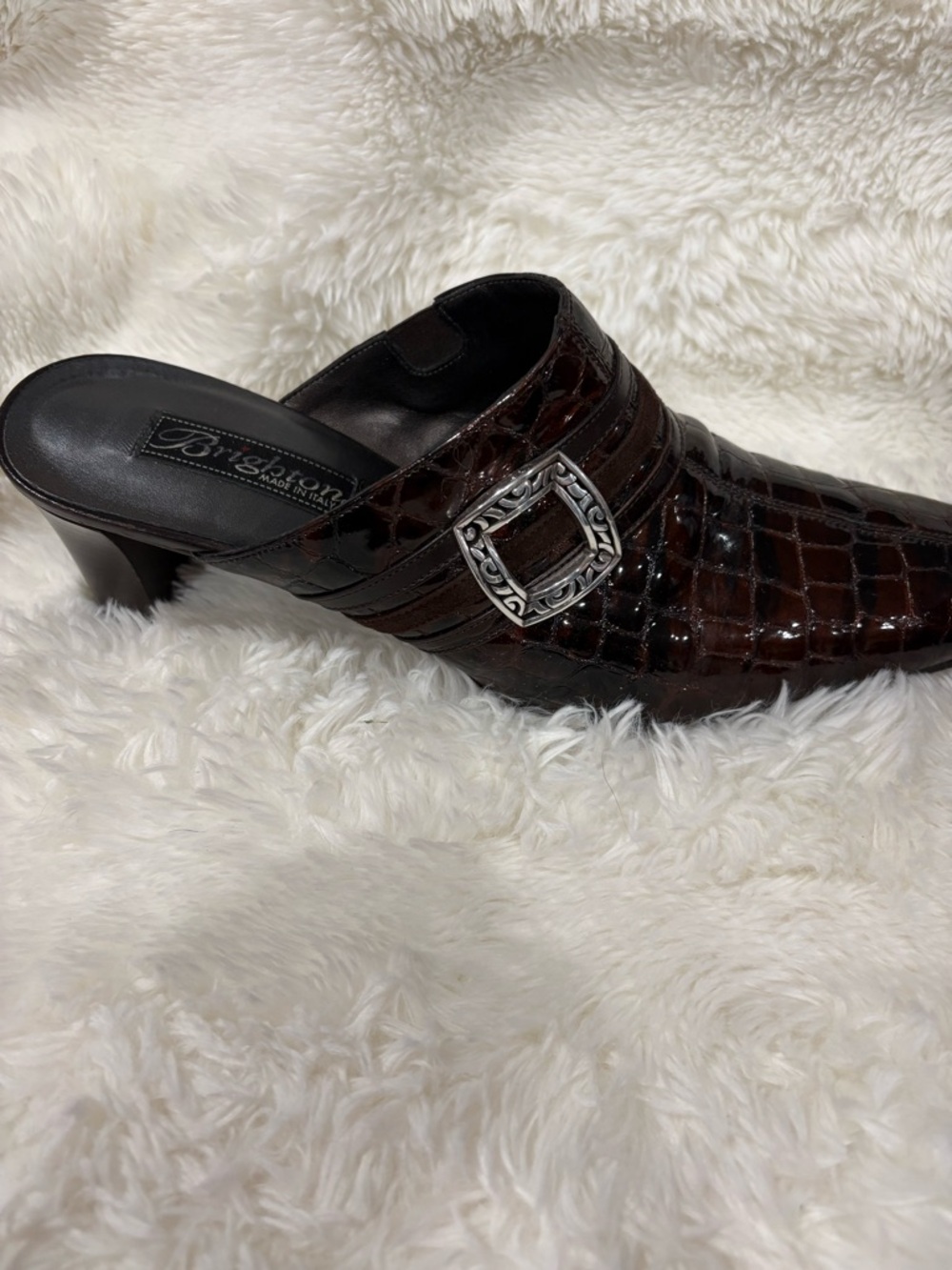 Brighton  Dark Brown Croc-Embossed Slip-On Mules with Silver Buckle - Picture 2 of 12